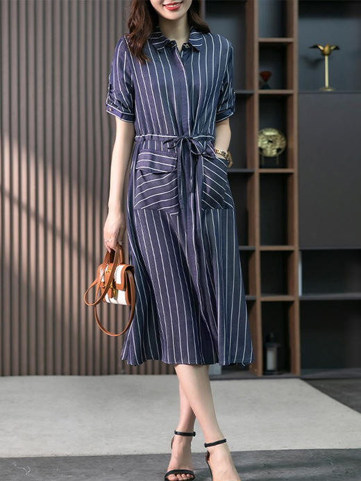 YX【现货7天】竖条纹天丝连衣裙女中长款2024夏季新款韩版通勤减龄衬衫裙子 商品图0