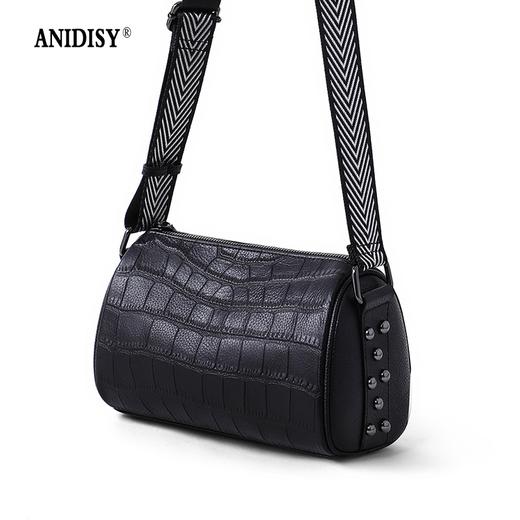 时尚拼色头层牛皮斜挎包腋下包圆筒包 商品图4