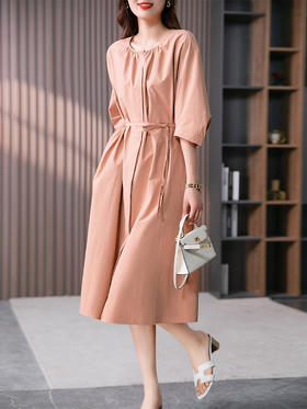 U89046YX【现货7天】法式气质收腰连衣裙女长款2024夏季新款韩版系带衬衫长裙子