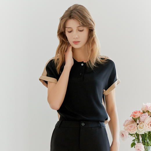 【桑蚕丝拼接撞色T恤】23年春夏新品女士桑蚕丝T恤短袖圆领真丝上衣 商品图1