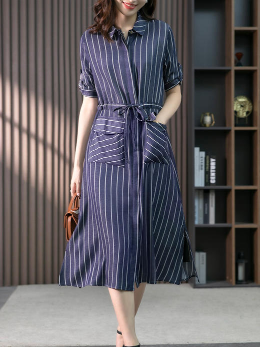 YX【现货7天】竖条纹天丝连衣裙女中长款2024夏季新款韩版通勤减龄衬衫裙子 商品图1