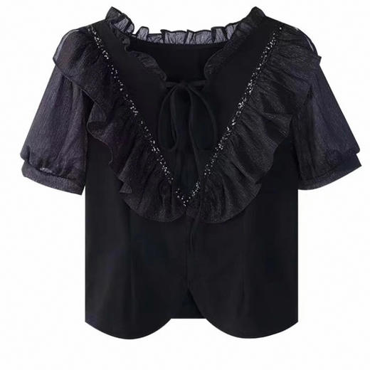 L3X0664短袖t恤那边2023新款女装纯色V领绑带蕾丝衫法式收腰上衣 商品图4