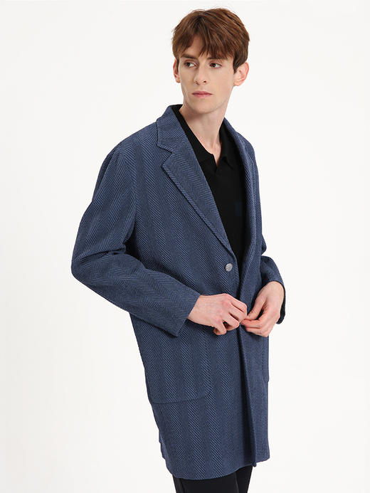 callisto蓝色弹力羊毛中长款翻领风衣 ASFES035Y BL 商品图1