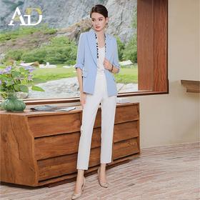 AD气质蓝色西装套装女抽褶七分袖西服外套2023夏季薄款通勤职业装