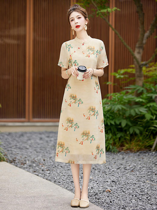 新中式文艺复古优雅印花长裙轻薄透气HR-WG23689 商品图3