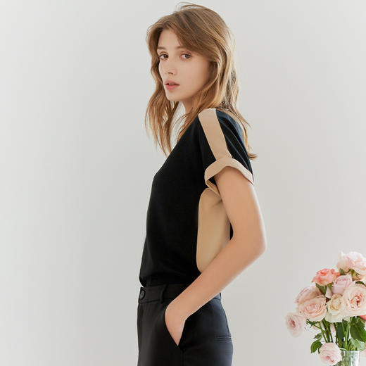 【桑蚕丝拼接撞色T恤】23年春夏新品女士桑蚕丝T恤短袖圆领真丝上衣 商品图2