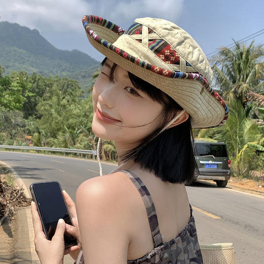 【民族风西部牛仔帽子】一帽两戴·360°防晒  春夏季复古登山帽 户外大帽檐遮阳防晒渔夫帽 民族风刺绣带装饰 商品图2