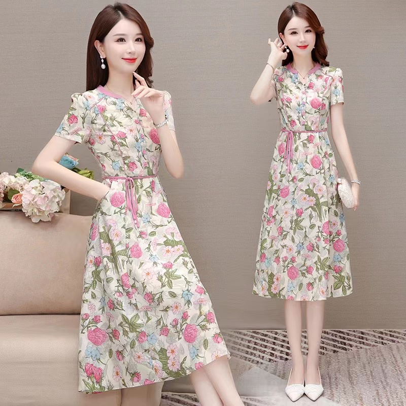 B6461       法式清新气质印花修身显瘦V领连衣裙（（特价不退换，细节有差异，以实物为准）