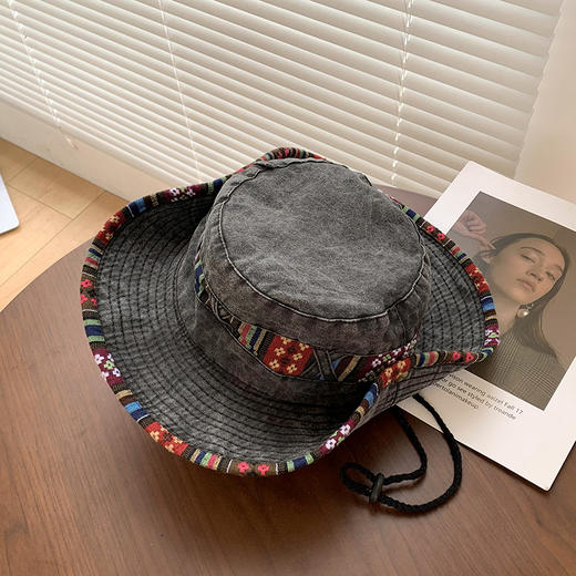 【民族风西部牛仔帽子】一帽两戴·360°防晒  春夏季复古登山帽 户外大帽檐遮阳防晒渔夫帽 民族风刺绣带装饰 商品图6