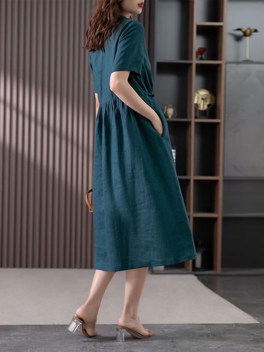 85835原形高级感亚麻连衣裙女夏季2024新款韩版短袖衬衫领文艺大摆长裙 商品图4