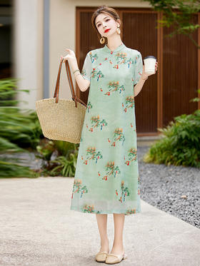 新中式文艺复古优雅印花长裙轻薄透气HR-WG23689
