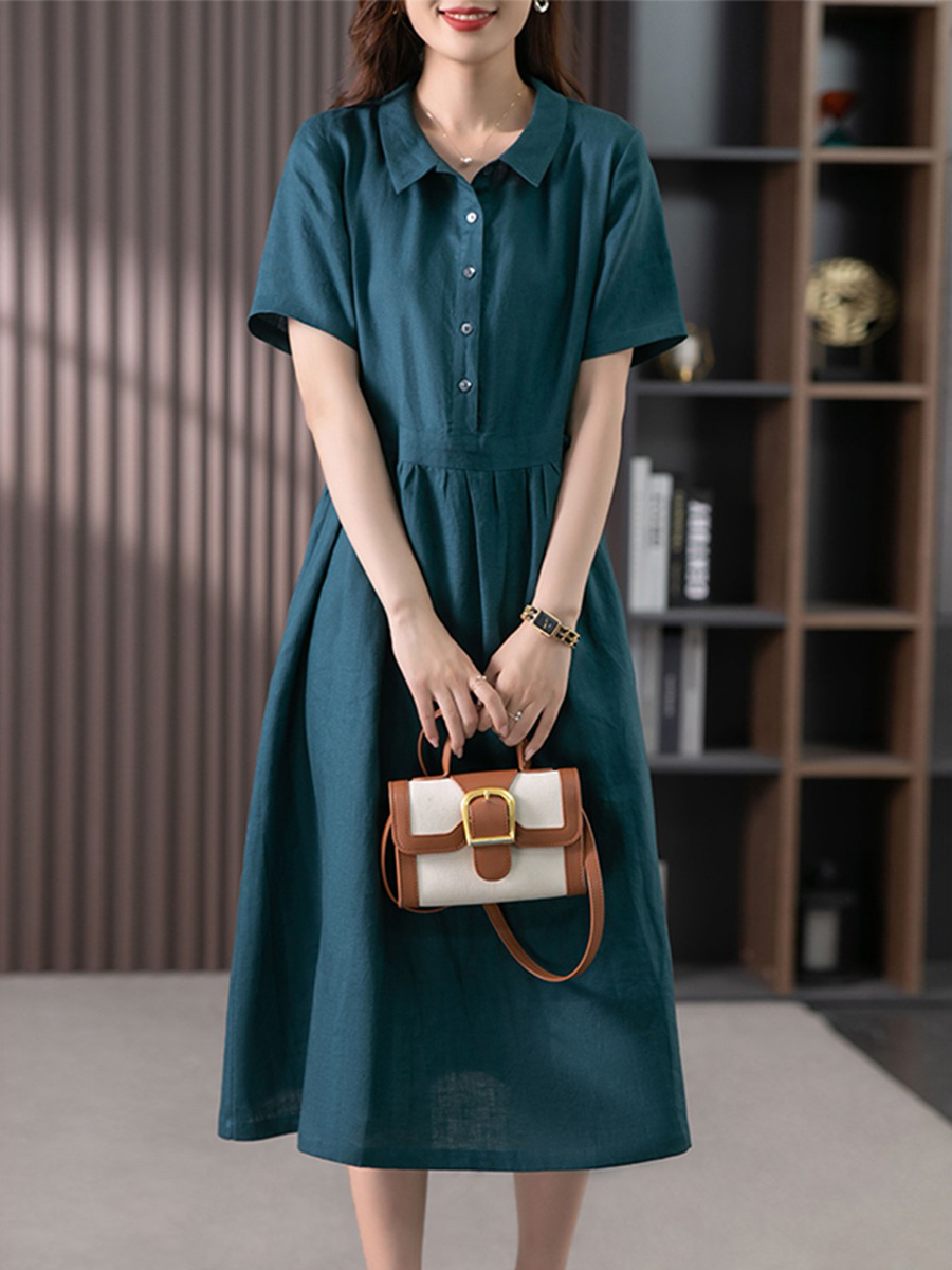 85835原形高级感亚麻连衣裙女夏季2024新款韩版短袖衬衫领文艺大摆长裙