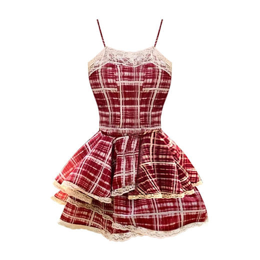 法式甜美格纹吊带裙，蓬蓬短裙子，展现甜美与性感并存。优雅的A字剪裁，修饰身形，让你更加迷人动人。适合派对、约会等多个场合，尽显女神气质。 商品图4