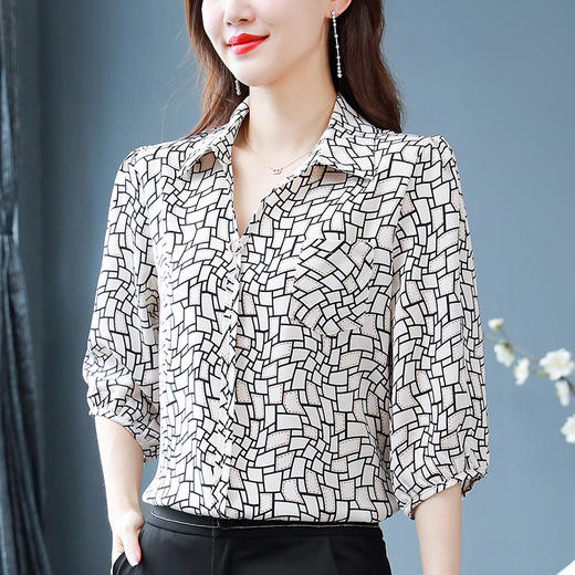 SMZ40126格子衬衫女七分袖夏季新款宽松妈妈上衣春秋装洋气衬衣 商品图0