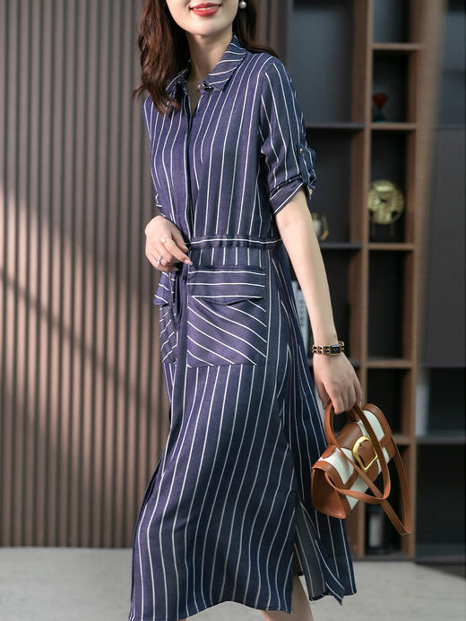 YX【现货7天】竖条纹天丝连衣裙女中长款2024夏季新款韩版通勤减龄衬衫裙子 商品图2