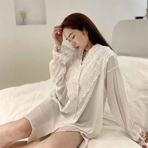 MAD NONO日系元气睡裙2023年夏季新款性感蕾丝薄白色长袖睡衣裙子 商品图3