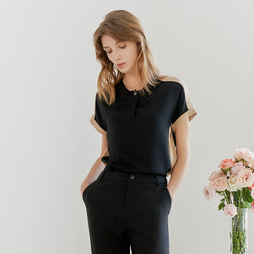 【桑蚕丝拼接撞色T恤】23年春夏新品女士桑蚕丝T恤短袖圆领真丝上衣 商品图0