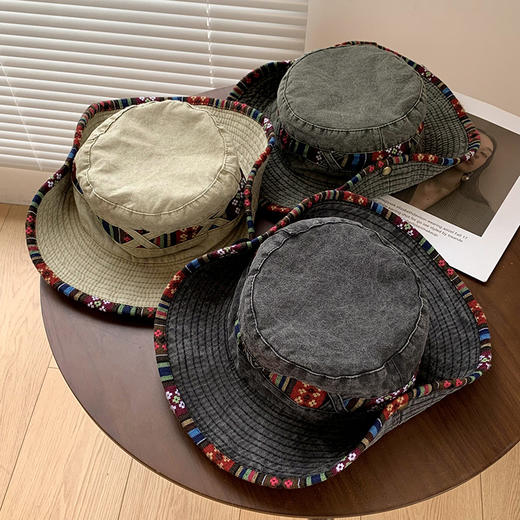 【民族风西部牛仔帽子】一帽两戴·360°防晒  春夏季复古登山帽 户外大帽檐遮阳防晒渔夫帽 民族风刺绣带装饰 商品图3