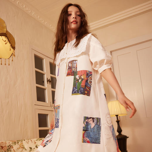 两三事文旅史诗 夏季森女风蕾丝拼接印花布拼接连衣裙 商品图2