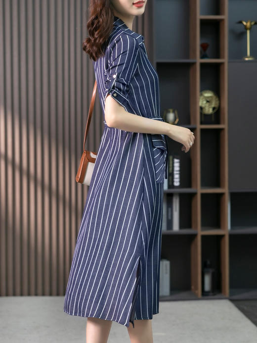 YX【现货7天】竖条纹天丝连衣裙女中长款2024夏季新款韩版通勤减龄衬衫裙子 商品图4