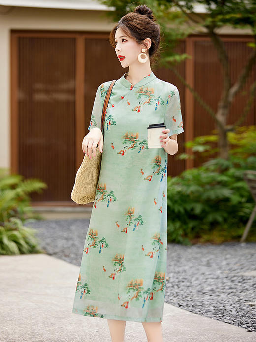 新中式文艺复古优雅印花长裙轻薄透气HR-WG23689 商品图1