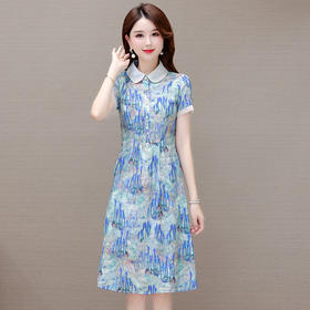 修身气质，印花时尚中长款A字裙夏款娃娃领短袖雪纺连衣裙QYM-XQD-34B23935-L