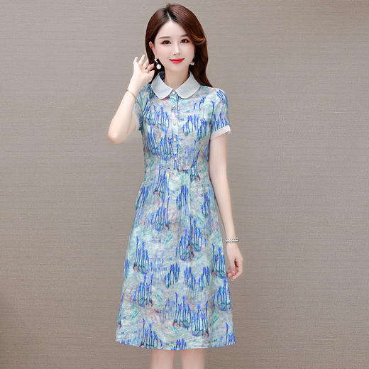 修身气质，印花时尚中长款A字裙夏款娃娃领短袖雪纺连衣裙QYM-XQD-34B23935-L 商品图0