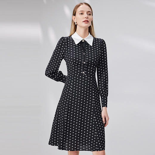 EITIE爱特爱秋季新款优雅修身立领显瘦波点连衣裙女7107810 商品图2