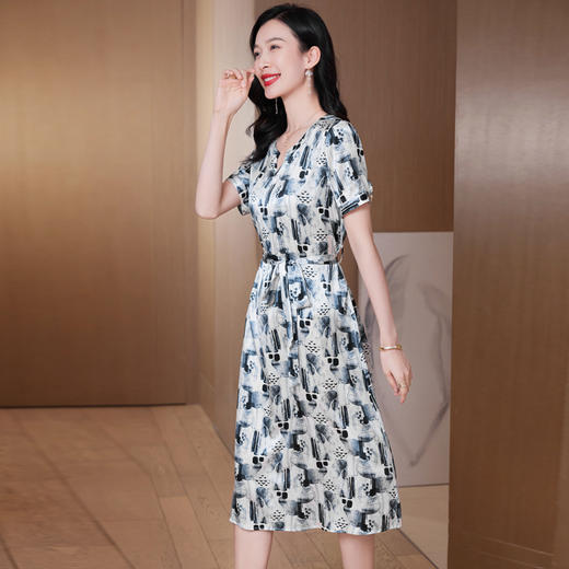 ASE-9550水墨印花真丝连衣裙女短袖中长款桑蚕丝夏季裙子 商品图3