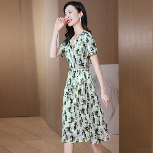 ASE-9550水墨印花真丝连衣裙女短袖中长款桑蚕丝夏季裙子 商品图2