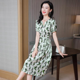 ASE-9550水墨印花真丝连衣裙女短袖中长款桑蚕丝夏季裙子