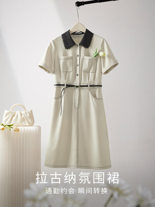 【专属特价】熙世界2025夏新款复古休闲工装小香风撞色花边衬衫领连衣裙子女 商品图3