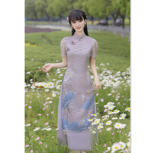 优雅修身，弹力网纱长款奥黛改良旗袍裙GX205515 商品图0