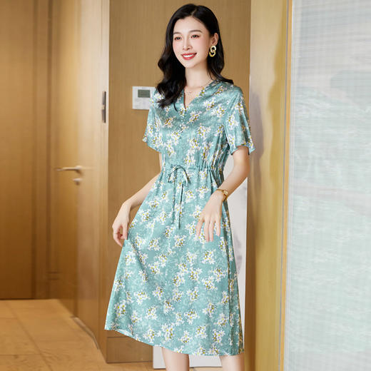 ASE-23063印花V领气质优雅知性真丝连衣裙 商品图4