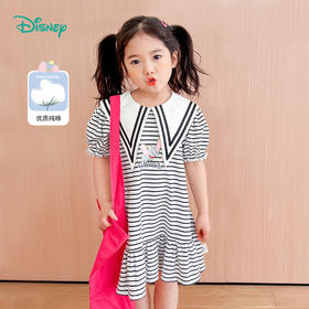 【商场同款】迪士尼童装女童短袖连衣裙洋气中大童条纹荷叶边翻尖领小飞象裙子