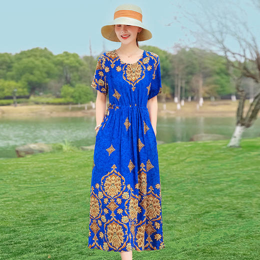 棉绸连衣裙夏季时尚收腰显瘦大码印花裙SH2031 商品图3