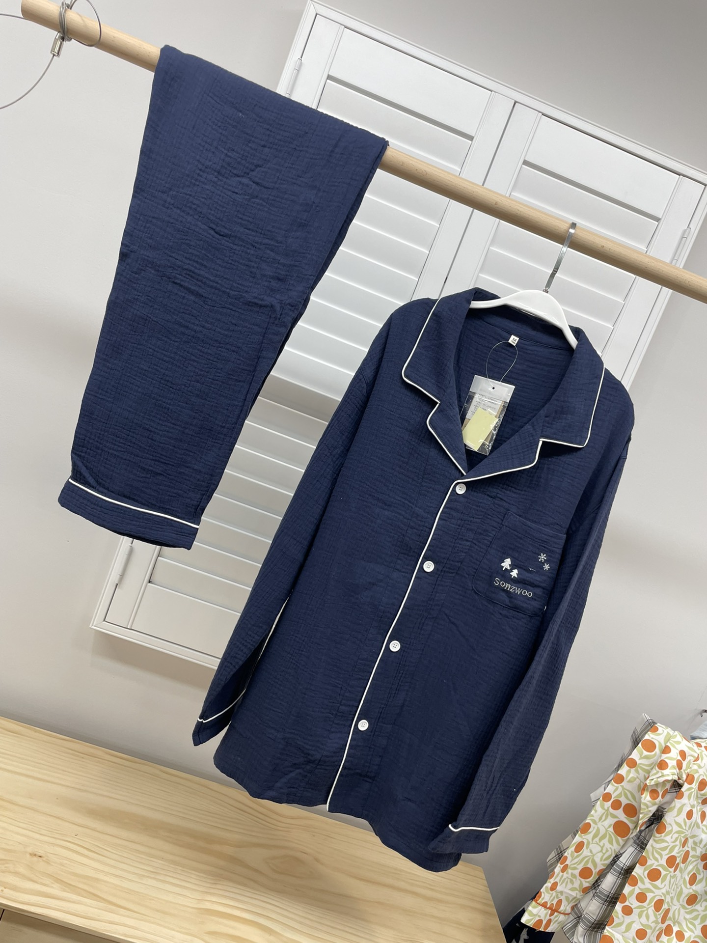 松植屋男款绉布翻领长袖长裤套装100%全棉纯色睡衣家居服