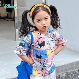 迪士尼童装女童短袖T恤夏季新品满印米妮宝宝中大童潮酷纯棉上衣