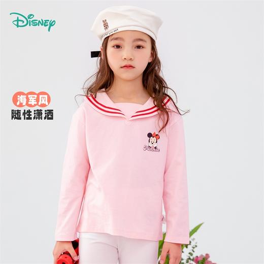 【商场同款】迪士尼童装女童长袖T恤条纹翻领海军学院风气质上衣粉白红米妮潮221DS0466 商品图0
