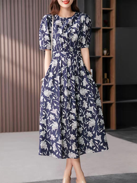 YX【现货7天】真丝桑蚕丝印花连衣裙女2024夏季新款韩版复古气质显瘦长裙子 商品图3