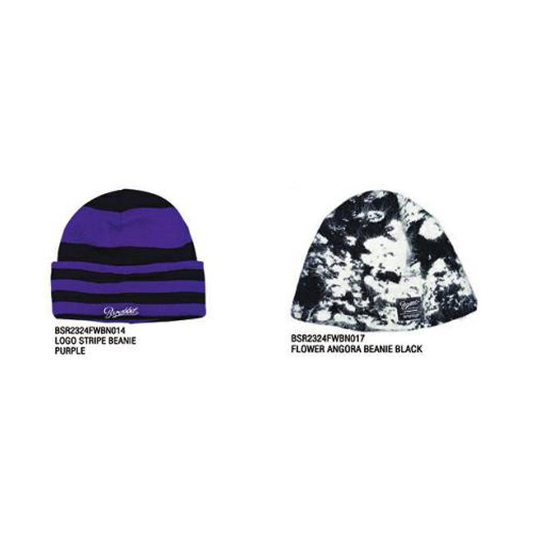 BSRABBIT 23-24 【BN014  BN017】 LOGO STRIPE BEANIE  PURPLE  FLOWER ANGORA BEANIE  BLACK  均码