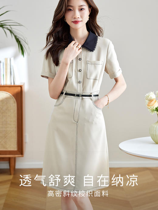 【专属特价】熙世界2025夏新款复古休闲工装小香风撞色花边衬衫领连衣裙子女 商品图1