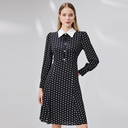 EITIE爱特爱秋季新款优雅修身立领显瘦波点连衣裙女7107810 商品图3