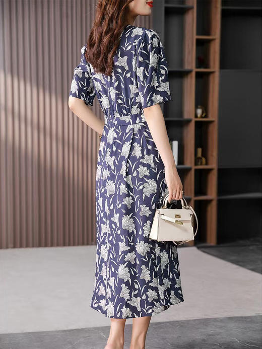 YX【现货7天】真丝桑蚕丝印花连衣裙女2024夏季新款韩版复古气质显瘦长裙子 商品图0