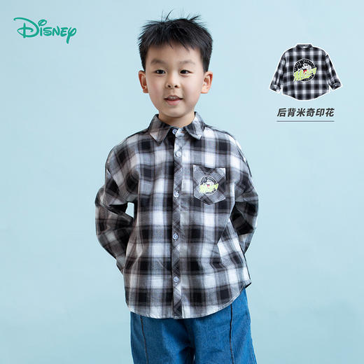 迪士尼童装男童格子衬衫米奇卡通洋气潮搭中大童宝宝上衣衬衣 商品图0