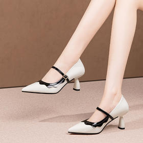 法式玛丽珍女鞋，高跟细跟配裙子皮鞋拼色单鞋HY-H3181