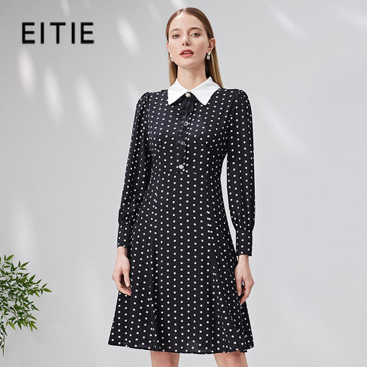 EITIE爱特爱秋季新款优雅修身立领显瘦波点连衣裙女7107810 商品图0