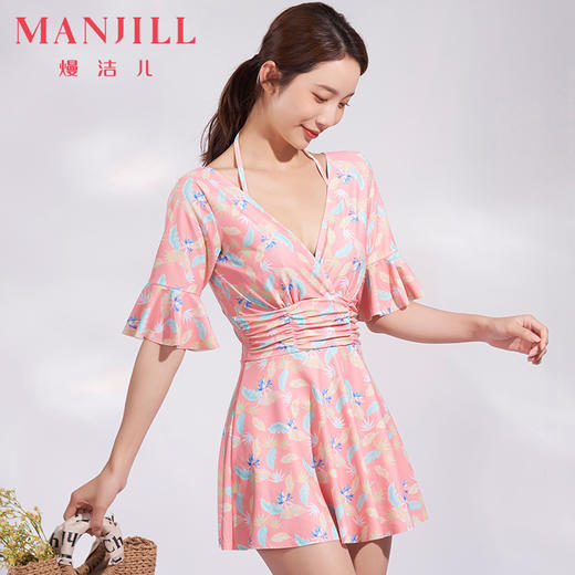 熳洁儿 中袖连体裙泳衣大码V领显瘦舒适夏季新款23206301 商品图0