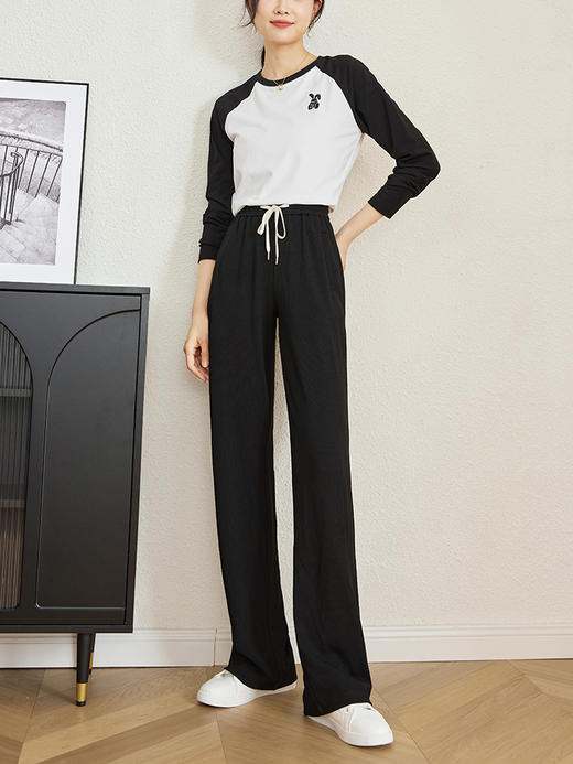 【五折购】熙世界黑色窄版针织阔腿裤女春秋2025新款高腰显瘦直筒裤休闲裤 商品图4