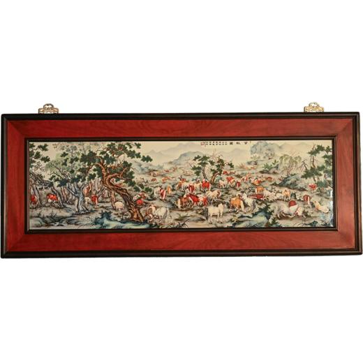 二十世纪 红木镶珐琅彩百骏图瓷板画大挂屏 商品图5